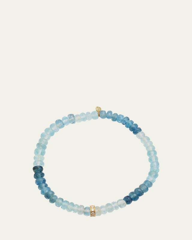 14K Gold 6mm Diamond Rondelle on Aqua Faceted Rondelle Bead Bracelet